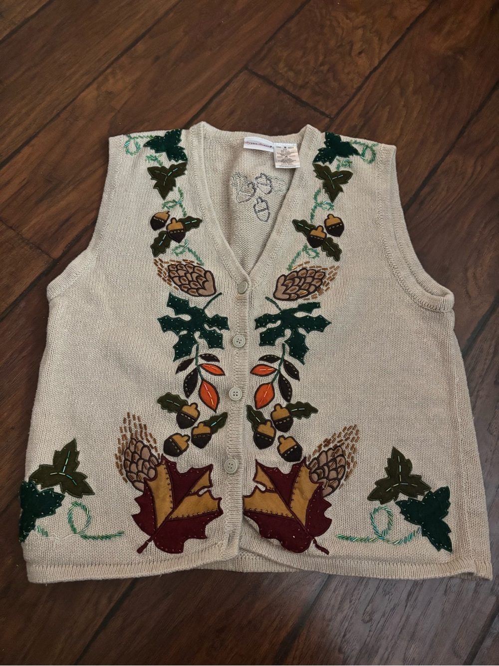 Vintage Cream Embroidered Leaf & Acorn Button-Front Sweater Vest